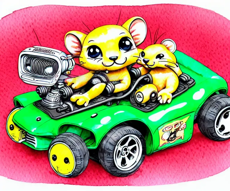 Image similar to cute and funny, baby leopard riding in a tiny go kart with oversized engine, ratfink style by ed roth, centered award winning watercolor pen illustration, isometric illustration by chihiro iwasaki, edited by range murata, tiny details by artgerm and watercolor girl, symmetrically isometrically centered