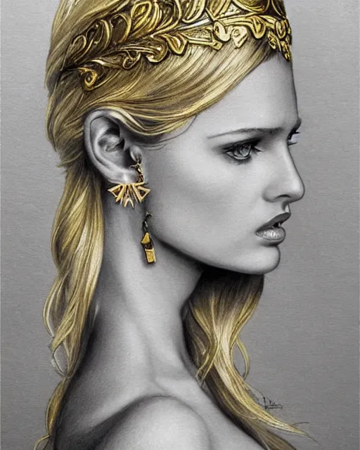 Image similar to tattoo design sketch of hot blonde super model as aphrodite greek goddess wearing a gold laurel wreath and triangle earrings, beautiful piercing gaze with sharp pupils, in the style of greg rutkowski, fantasy, amazing detail, epic, elegant, smooth, sharp focus, front view