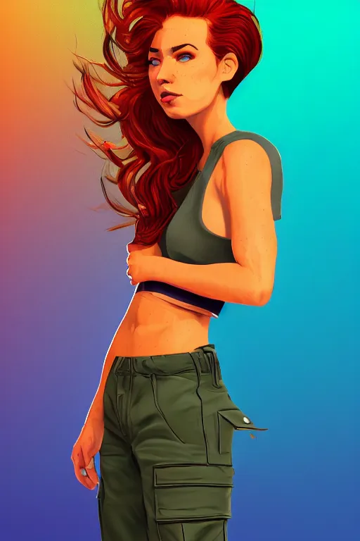 Image similar to a award winning half body portrait of a beautiful caucasian woman in a croptop and cargo pants with ombre orange blue teal hairstyle with head in motion and hair flying by will eisner, outrun, vaporware, digital art, trending on artstation, highly detailed, fine detail, intricate