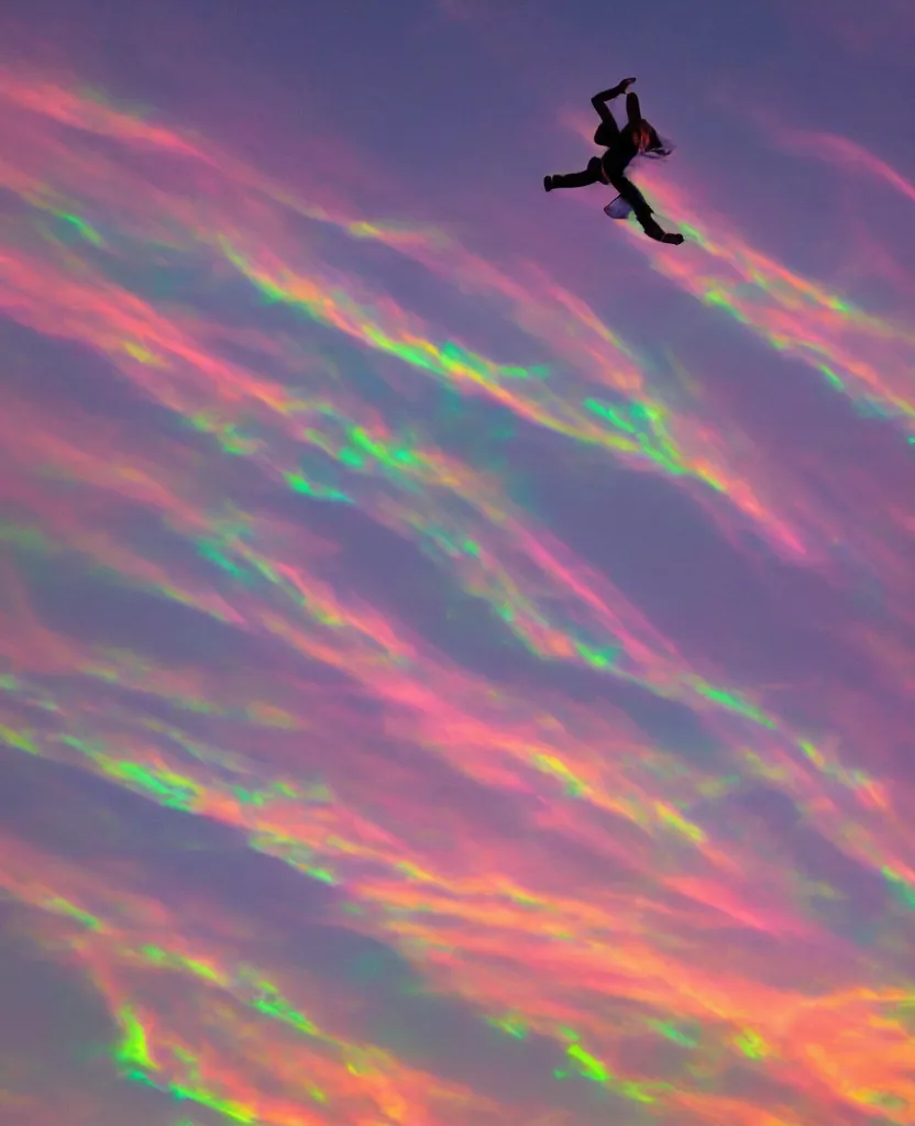 Image similar to a student flying upwards through iridescent clouds at dusk in a lit up city