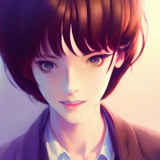 Image similar to youth sean young very slightly smiling, occlusion shadow, specular reflection, rim light, unreal engine, range murata, artstation, pinterest, art by hiroaki samura and ilya kuvshinov and rossdraws, intricate, highly detailed 8 k, art deco illustration, extremely beautiful shape of face, neck, shoulders eyes