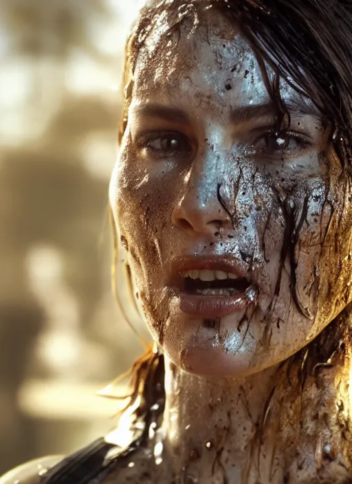 Image similar to a film still of lara croft as cop, her face muddy and sweat, direct sun light, close up potrait, cinematic, subsurface scattering