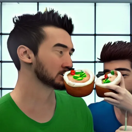 Prompt: Jacksepticeye eating in McDonald's with Markiplier, shot on iphone, photorealistic, realistic lighting,