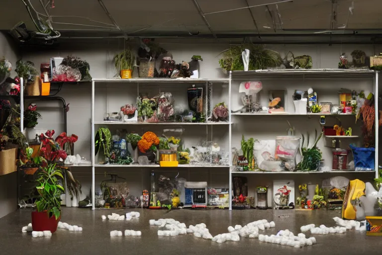 Prompt: garage with carnivorous plants on the shelves and packing peanuts on the floor, scene from tv show hyper detailed 5 5 mm 8 5 mm, low - light photography by tyler mitchell, made out of plastic