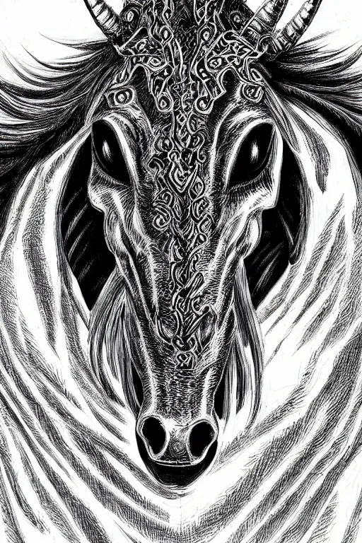 Image similar to demon horse with a horn, symmetrical, highly detailed, digital art, sharp focus, trending on art station, kentaro miura manga art style