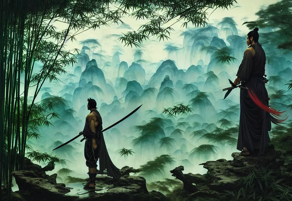 Image similar to yasuo the ancient swordsman gazing upon the world he has created while its raining in a bamboo forest, futuristic sci fi landscape background by denis villeneuve, monia merlo, yves tanguy, ernst haeckel, alphonse mucha, max ernst, caravaggio, roger dean, sci fi necklace, masterpiece