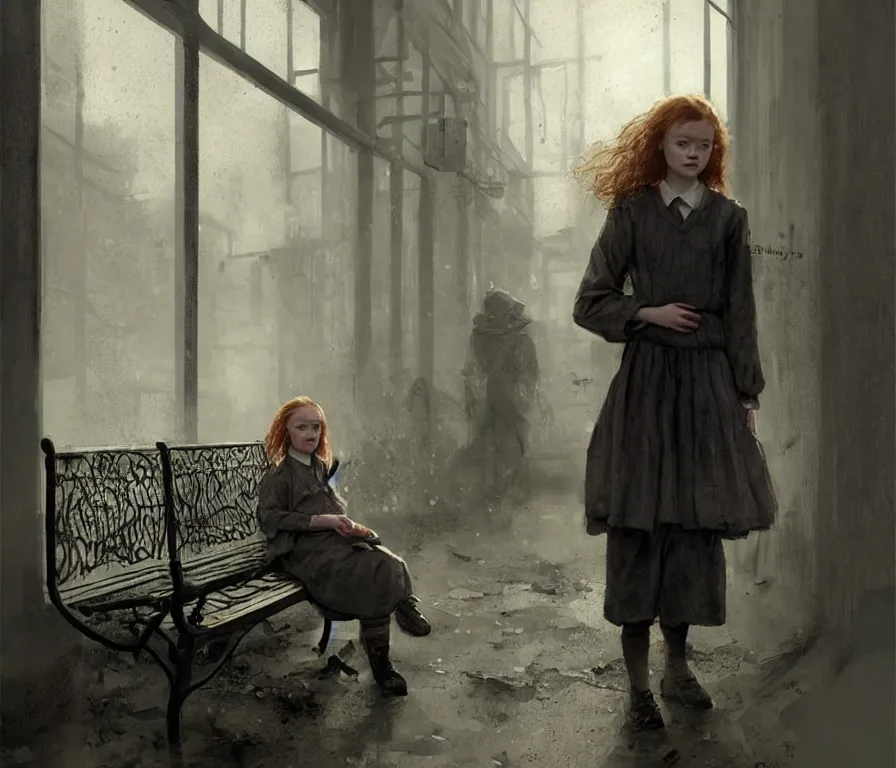 Prompt: sadie sink in oversized school uniform. waits on a bench | a bench along a wall. next to a door. in an office building. concept art for scifi dystopian film. by nikolay makovsky, bob byerley, wadim kashin, andrea kowch. cinematic moody atmosphere, detailed and intricate, perfect anatomy