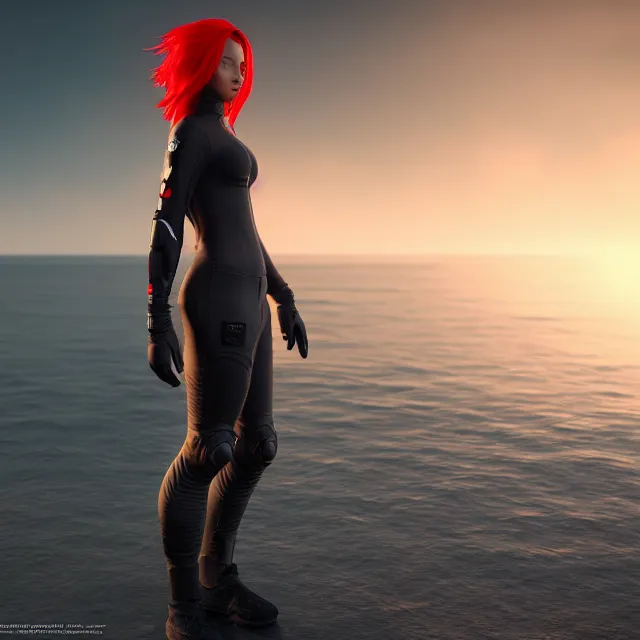 Prompt: full body shot, techwear outfit hero pose of a beautiful red haired girl with very light skin with ocean in the background, highly detailed, 8 k, hdr, digital art, octane render, neo classical appeal award - winning, trending on artstation, ann stokes