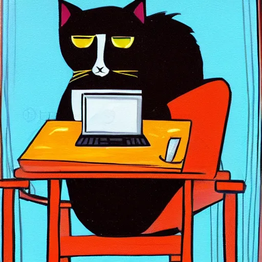 Image similar to painting of a cat in a business suit, sitting in a chair and using a laptop