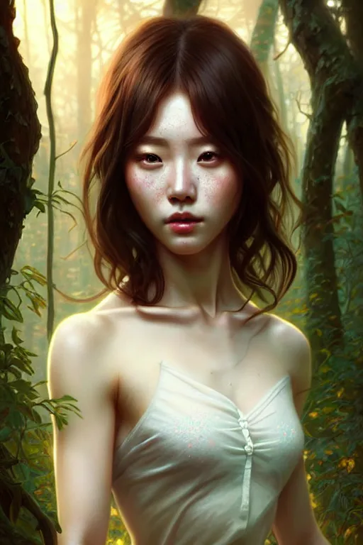 Image similar to beautiful digital painting of a hoyeon jung stylish female forest with high detail, real life skin, freckles, 8 k, stunning detail, works by artgerm, greg rutkowski and alphonse mucha, unreal engine 5, 4 k uhd