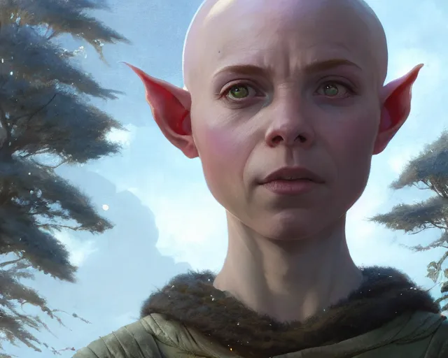 Image similar to highly detailed portrait of sophia lillis as a bald elf, in skyrim, stephen bliss, unreal engine, fantasy art by greg rutkowski, loish, rhads, ferdinand knab, makoto shinkai and lois van baarle, ilya kuvshinov, rossdraws, tom bagshaw, global illumination, radiant light, detailed and intricate environment