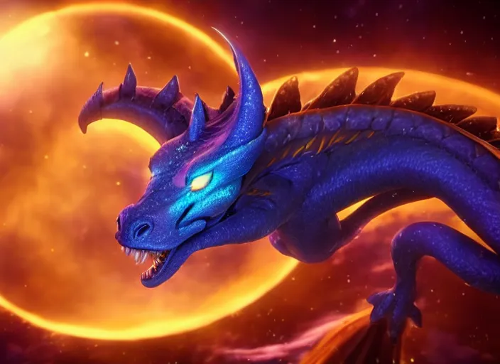 Image similar to aurelion sol dragon in the cosmos staring at the viewer, ultra realistic 4 k unreal engine render with ray tracing bloom ambient occlusion