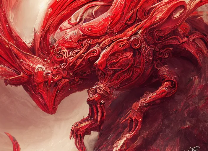 Image similar to woman in love sit upon a scarlet coloured beast, pain, royal dress, light effect, hyper detailed, intricate, atmospheric, elegant, highly detailed, digital painting, artstation, concept art, matte, sharp focus, illustration, by james jean, andrei riabovitchev, marc simonetti, yoshitaka amano