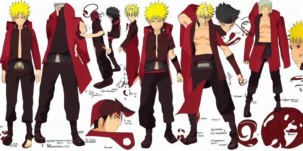 Prompt: Fusion of Naruto Uzumaki from the anime Naruto and Dante from the game Devil May Cry, character design sheet