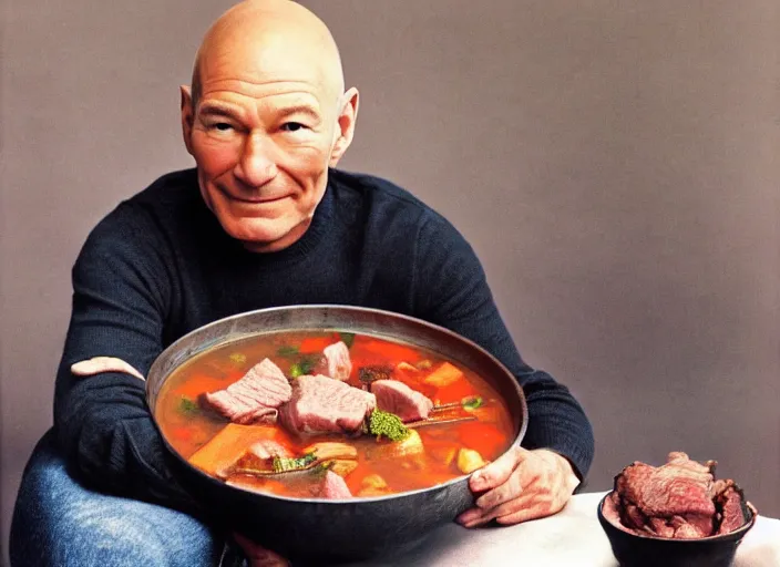 Prompt: patrick stewart sitting in a big bowl of beef stew