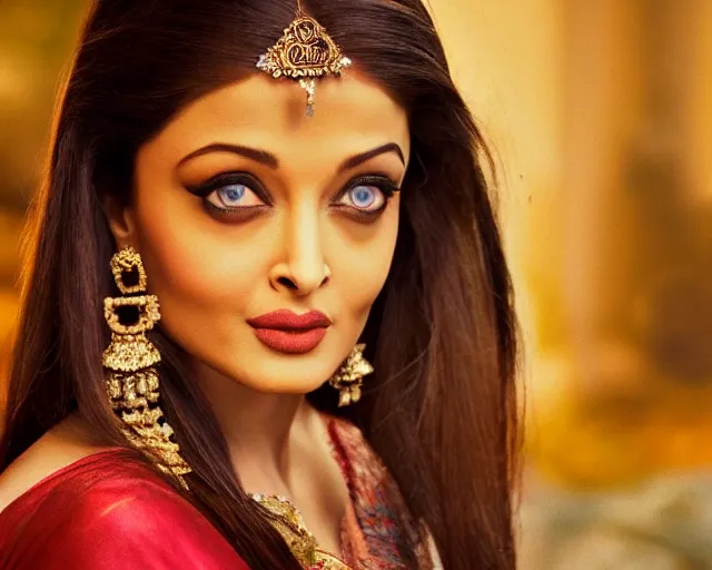 Image similar to a photo of aishwarya rai as a disney, hyper realistic face, beautiful eyes, cinematic, long shot, hyper detailed, 8 5 mm photograph, 8 k resolution, film still, sharp lens, wide lens