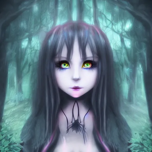 Image similar to portrait of beautiful darkness witch as a 3D anime girl, dark forest background, inspired by Tim Burton, digital painting, unreal engine render, volumetric light, high détail