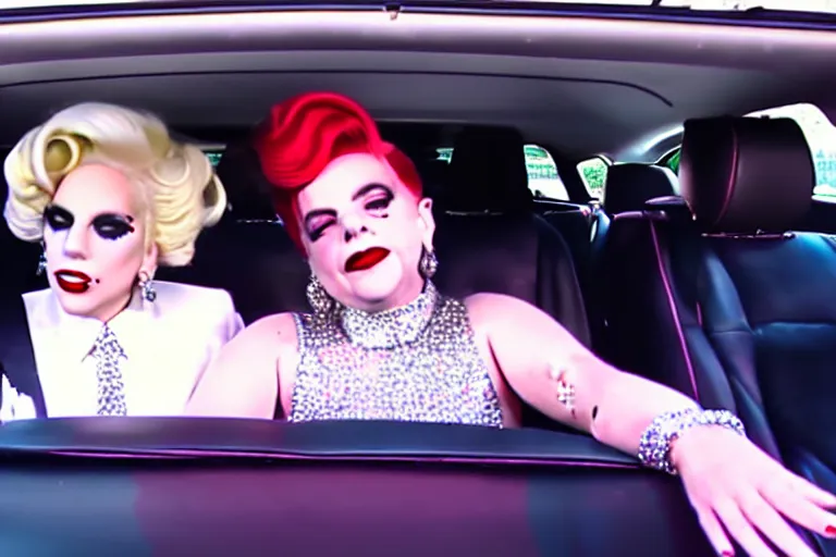 Image similar to lady gaga and judy garland doing carpool karaoke, lady gaga and judy garland, carpool karaoke, lady gaga, judy garland, carpool karaoke, youtube video screenshot, the late late show with james corden