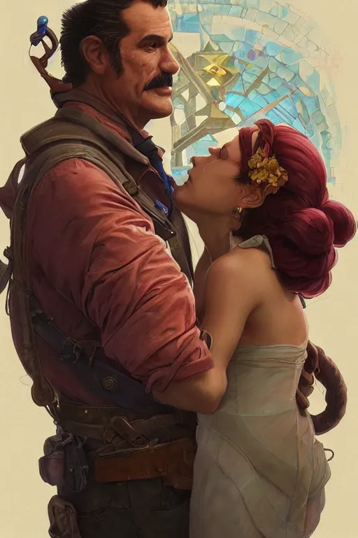 Image similar to Mario and his wife from Nintendo, disco elysium, highly detailed, digital painting, artstation, concept art, smooth, sharp focus, illustration, art by artgerm and greg rutkowski and alphonse mucha and Wayne Barlowe and Zdislav Beksinski and Francis Bacon