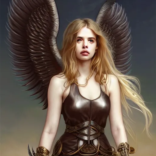 Image similar to portrait of young aasimar angel girl maiden wearing comfy leather armor with beautiful feathered angel wings, cute face, brown eyes, Alison Williams, Emma Roberts, by artgerm and greg rutkowski and alphonse mucha and andrei riabovitchev and Rossdraws and Bluesssatan and Mandy Jurgens and Stjepan Sejic, 4k oil on linen, vivid colors, colorful, photorealistic, high dynamic range, HDR, intricate, elegant, highly detailed, digital painting, artstation, concept art, smooth, sharp focus, illustration, mid-shot, medium shot, hyperdetailed