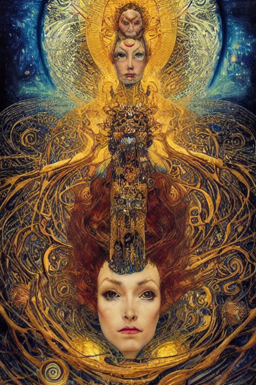 Image similar to Divine Chaos Engine by Karol Bak, Jean Deville, Gustav Klimt, and Vincent Van Gogh, beautiful visionary mystical portrait, sacred, otherworldly, fractal structures, dreamscape, ornate gilded medieval icon, third eye, spirals