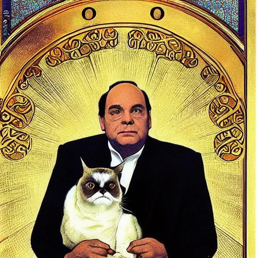 Image similar to “ george costanza from seinfled holding grumpy cat, art nouveau, gold - leaf, by alphonse mucha ”