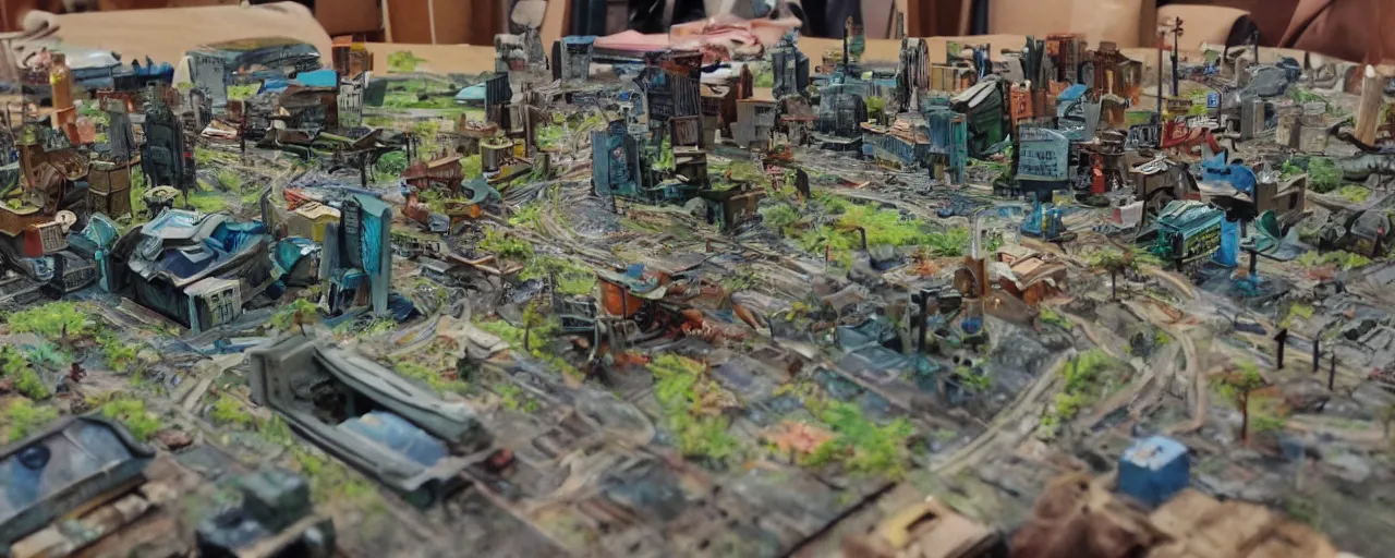 Image similar to functional mini sci-fi city made out painted cardboard