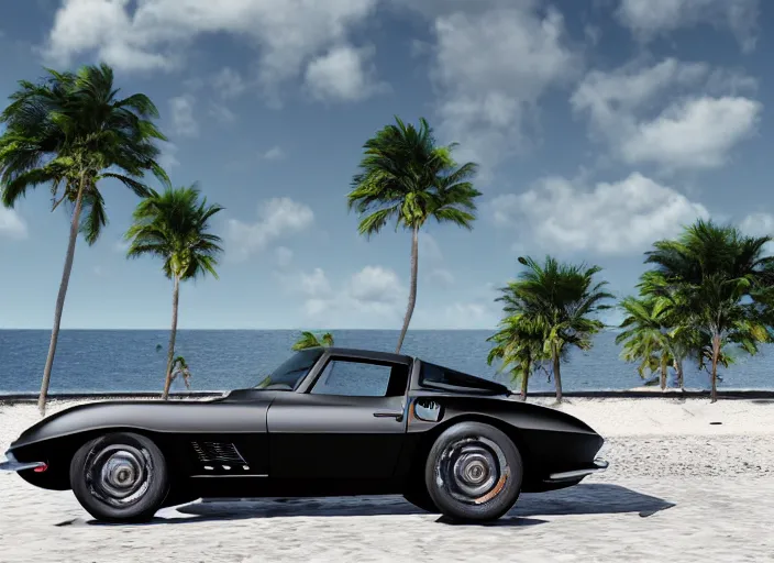 Image similar to hyperrealism, detailed textures, photorealistic 3 d render, a dreamy day on veredaro beach cuba, a 1 9 6 4 split window corvette obsidian black, sharp focus, ultra realistic, ultra high pixel detail, cinematic, intricate, cinematic light, concept art, illustration, art station, unreal engine 8 k