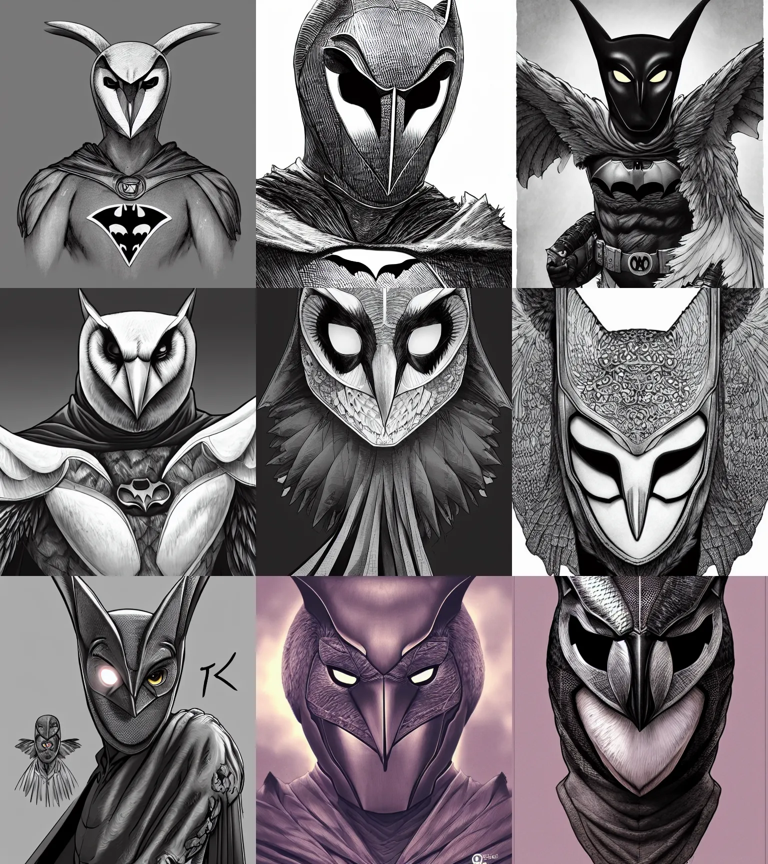 Prompt: portrait a new hero barn owl based, batman syle, barn owl symbol in chest, barn owl mask, hand wraps, by yusuke murata and masakazu katsura, artstation, highly - detailed, cgsociety, pencile and ink, city in the background, dark colors, intricate details