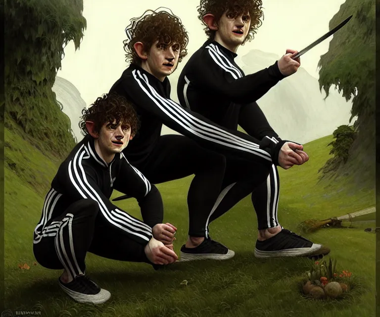 Image similar to portrait three hobbits as squatting slavs in black adidas track suits with white stripes down the leg, caricature, highly detailed, digital painting, artstation, concept art, sharp focus, cinematic lighting, illustration, art by met mangindaan, artgerm and greg rutkowski, alphonse mucha, cgsociety