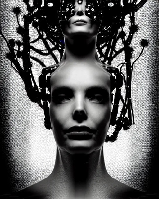 Image similar to black and white cyborg-plant goddess high quality photo, artificial intelligence, bio-mechanical bio-luminescence, artificial spider web, neurons, nerve cells, octane render, cinematic, hyper realism, photo-realistic, high detail, 8k, in the style of Steven Meisel and Dora Maar and H.G. Giger