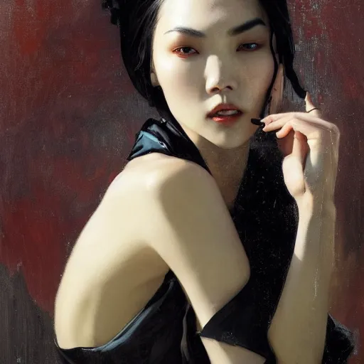 Image similar to detailed cinematic wide shot of beautiful attractive tao okamoto asian vampire woman wearing black bath robe slim face symettrical face clean skin black eyes black robe smooth, sharp focus, ultra realistic, spring light, painting by gaston bussiere, craig mullins, j. c. leyendecker