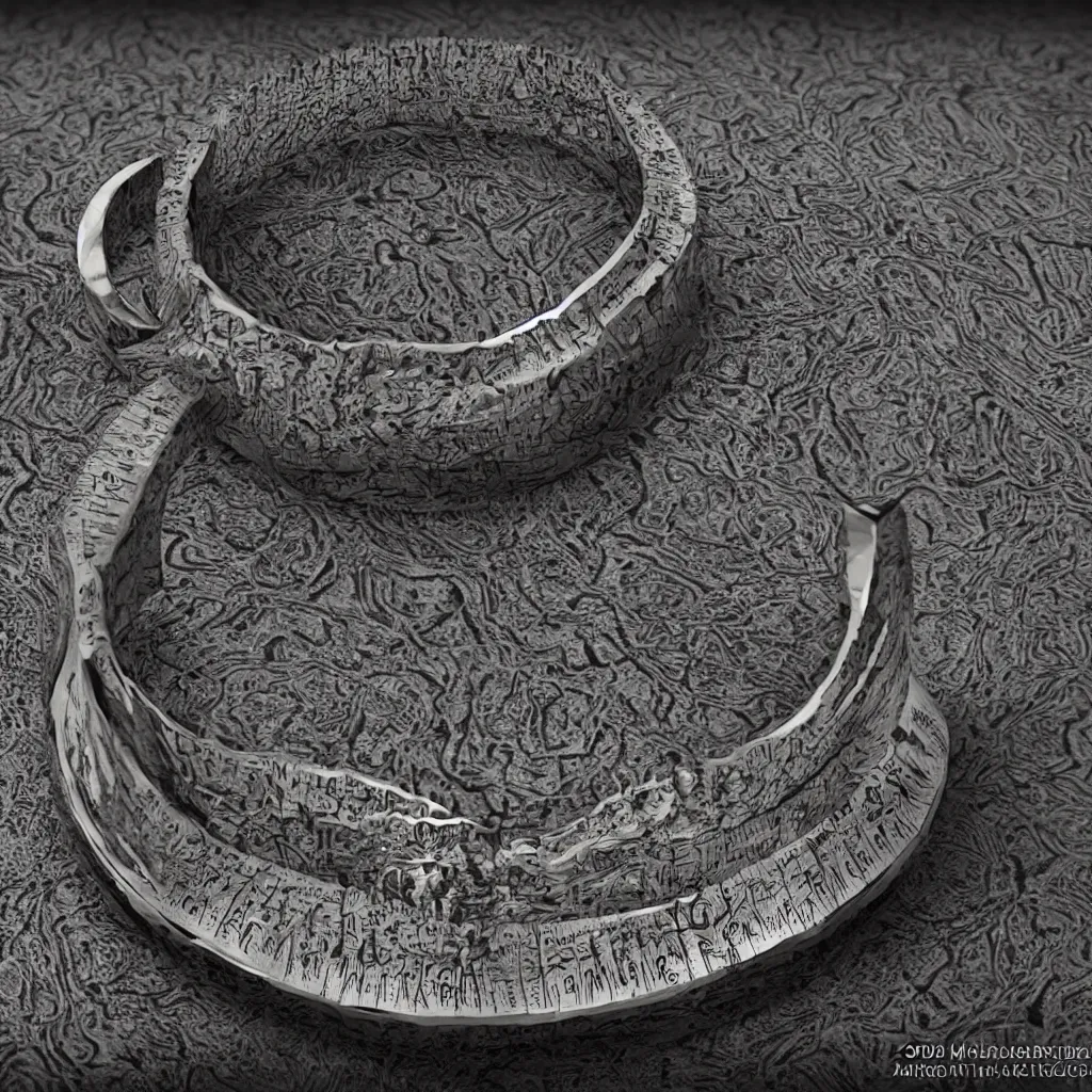 Image similar to the ring from lord if the rings with an imprinted ruler, cm scale imprinted on the inside of the ring, one ring to rule them all, highly detailed, 8 k, trending on artstation, mystic, rpg artwork