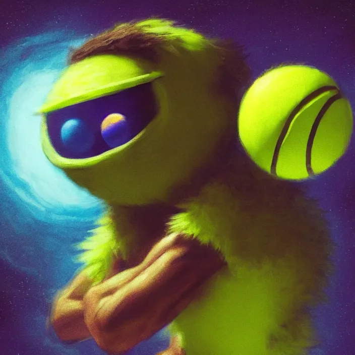 Image similar to cinematic portrait of a cute tennis ball monster in the abyss of space, chalk, masterpiece, trending on artstation, featured on pixiv, cinematic composition, dramatic pose, beautiful lighting, sharp details, hyper - detailed, hd, hdr, 4 k, 8 k, art by basil gogos