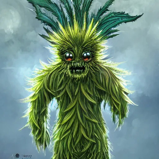 Image similar to A humanoid thistle monster, highly detailed, digital art, sharp focus, trending on art station, fern, anime art style