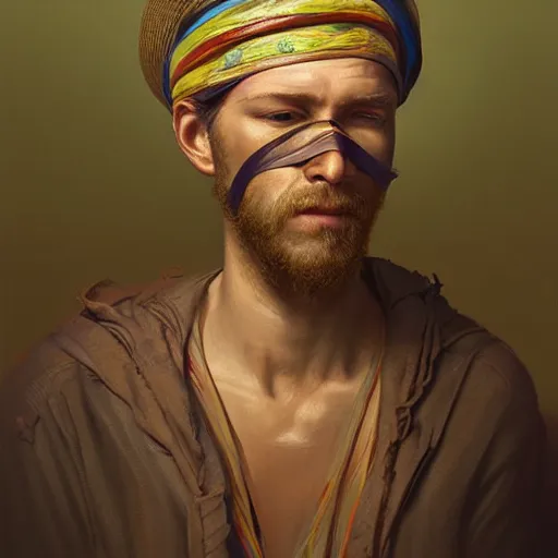 Prompt: portrait of a blindfolded man wearing a multicolored tunic and a large straw hat, detailed face, highly detailed, cinematic lighting, digital art painting by greg rutkowski