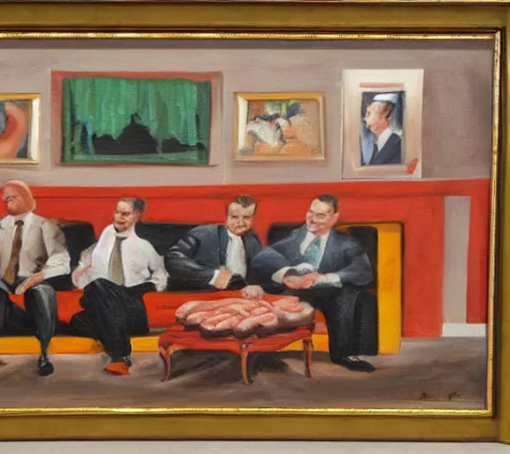 Prompt: oil painting of couch made out of meat, business men sitting and talking,