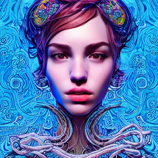 Image similar to the portrait of an unbelievably beautiful woman partially made of onion rings, an ultrafine detailed illustration by james jean, final fantasy, intricate linework, bright colors, behance contest winner, vanitas, angular, altermodern, unreal engine 5 highly rendered, global illumination, radiant light, detailed and intricate environment