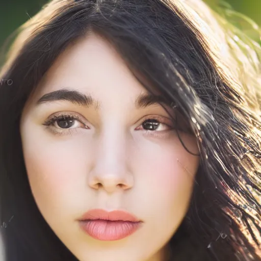 Image similar to young woman with long messy black hair, slightly smiling, 1 3 5 mm nikon portrait