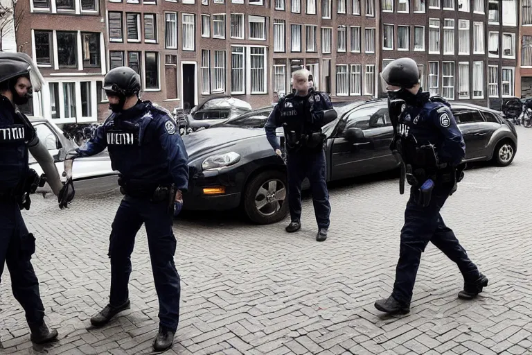 Prompt: photography of an ethereum developer being arrested by in amsterdam for writing a smart contract, robert capa