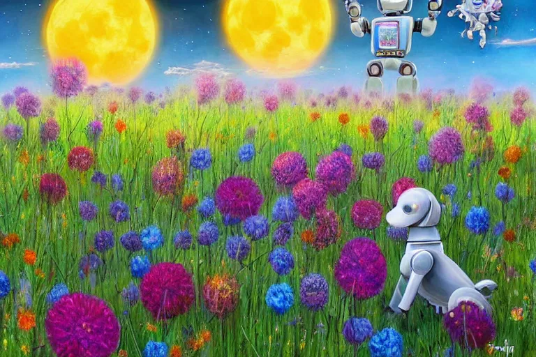 Image similar to beautiful painting ( ( robot dogs ) ) playing in a stunning field of flowers, blue sky, huge multiple moons by phil foglio and vincent dutrait, trending on artstation, hdr