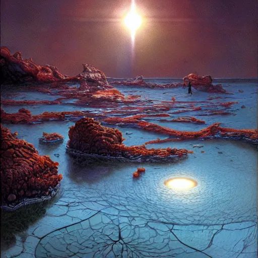 Prompt: Life in an Alien Tide Pool on an Exoplanet, art by Jim Burns and Donato Giancola