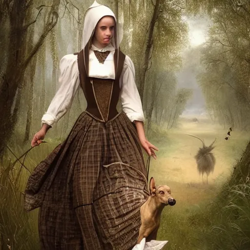 Image similar to A masterpiece portrait of a Incredibly beautiful maid barique renaissance swamp nun girl hunting on deer with russian greyhound medium shot, intricate, elegant, highly detailed. trending on artstation, digital art, by Stanley Artgerm Lau, WLOP, Rossdraws, James Jean, Andrei Riabovitchev, Marc Simonetti, Yoshitaka Amano. background by James Jean and Gustav Klimt, light by Julie Bell, 4k, porcelain skin.