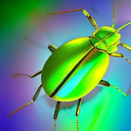 Prompt: color photoelectron microscope view of a colorful iridescent bug