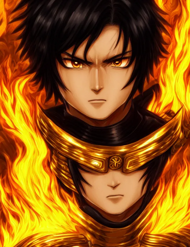 Image similar to a detailed manga portrait of a black haired man with hazel eyes in gleaming golden armour that burns with golden fire, trending on artstation, digital art, 4 k resolution, detailed, high quality, sharp focus, hq artwork, coherent, insane detail, character portrait