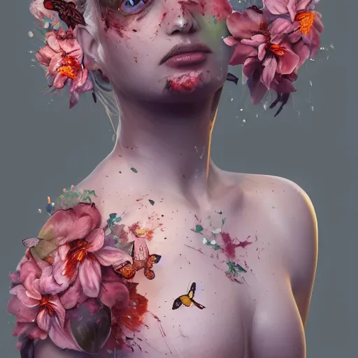 Prompt: wounds on the body bloom with flowers from which butterflies fly into the sky, artstation, highly detailed, evening lights