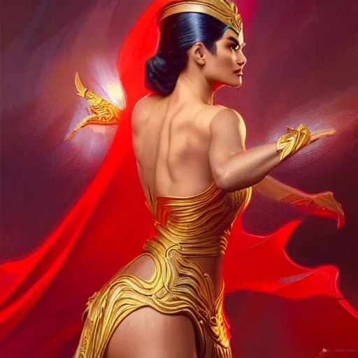 Image similar to pia wurtzbach as darna, volumetric lights, red and cyan theme, art nouveau botanicals, intricate, highly detailed, digital painting, artstation, concept art, smooth, sharp focus, cinematic, illustration, beautiful face, art by artgerm and greg rutkowski and alphonse mucha