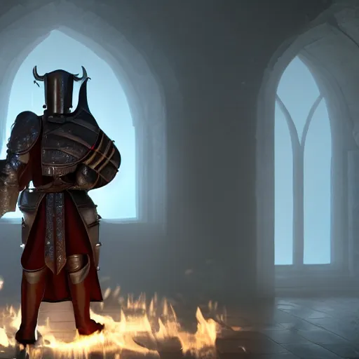 Image similar to handsome tiefling in plate armour standing in a door way, back lit by fire, 4 k, cinematic, volumetric light