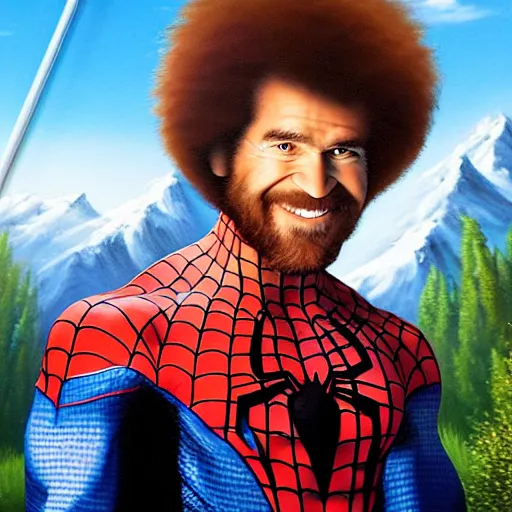 Image similar to a closeup photorealistic photograph of bob ross working on a canvas painting of spiderman. film still. brightly lit scene. mountains and trees. this 4 k hd image is trending on artstation, featured on behance, well - rendered, extra crisp, features intricate detail, epic composition and the style of unreal engine.