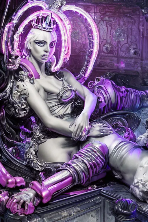 Image similar to full-body rococo and cyberpunk style neon statue of a young attractive portugues macho dotado e rico android sim roupa reclining con piroca dura, glowing white laser eyes, prince crown of pink gears, diamonds, swirling silver-colored silk fabric. futuristic elements. full-length view. space robots. human skulls. intricate artwork by caravaggio. Trending on artstation, octane render, cinematic lighting from the right, hyper realism, octane render, 8k, depth of field, 3D